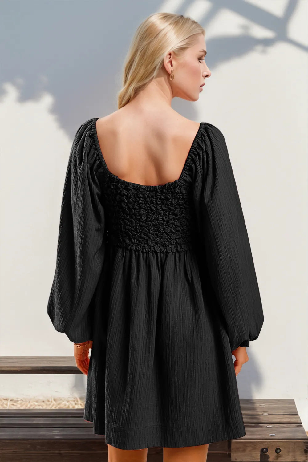 Texture Smocked Balloon Sleeve Mini Dress - LODIMAE FASHION