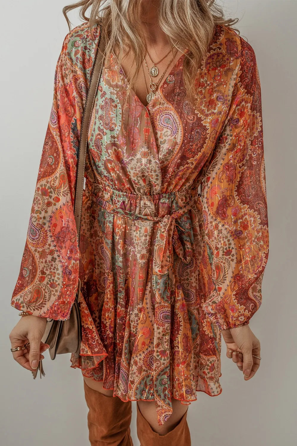 Tied Printed Balloon Sleeve Mini Dress - LODIMAE FASHION