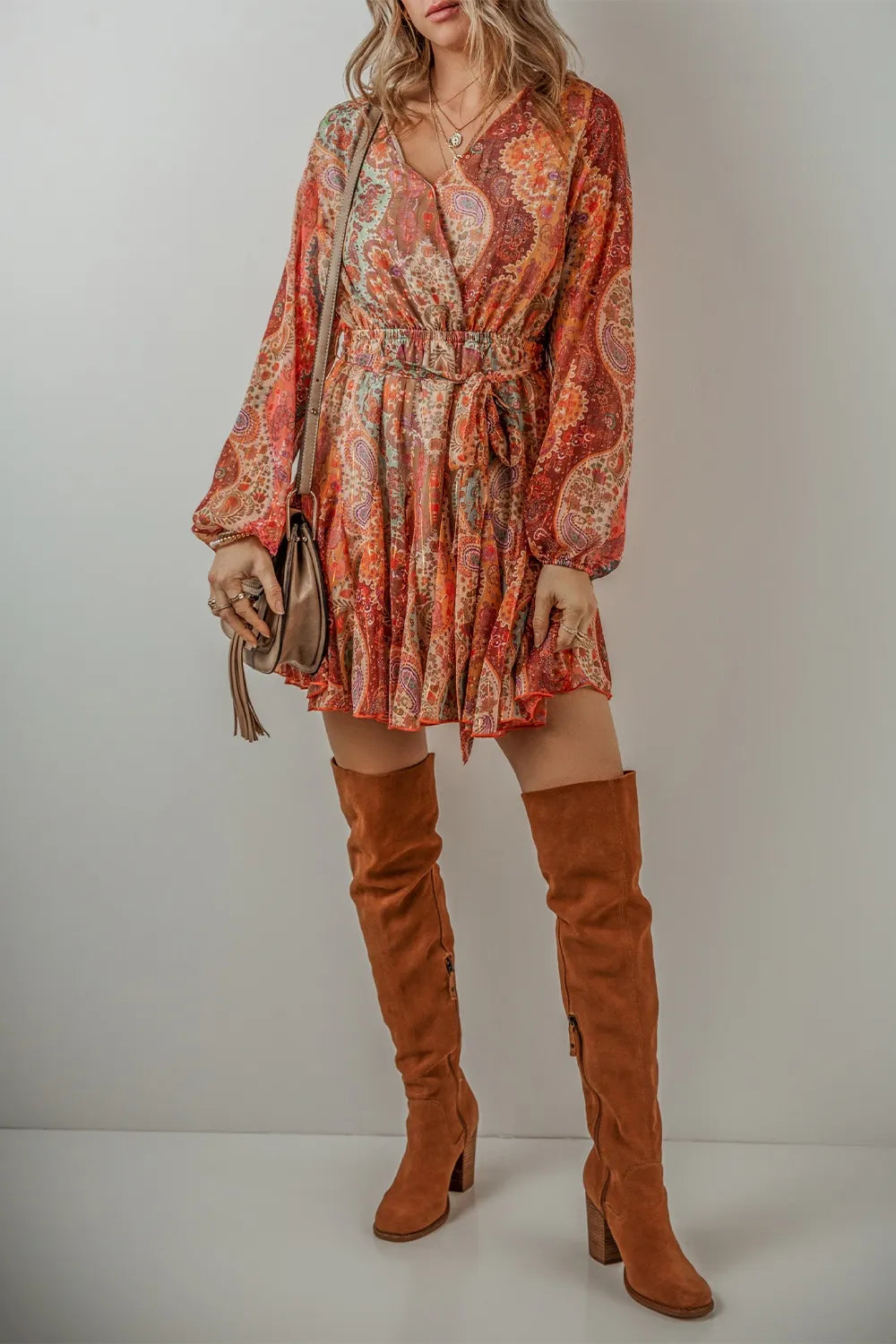 Tied Printed Balloon Sleeve Mini Dress - LODIMAE FASHION