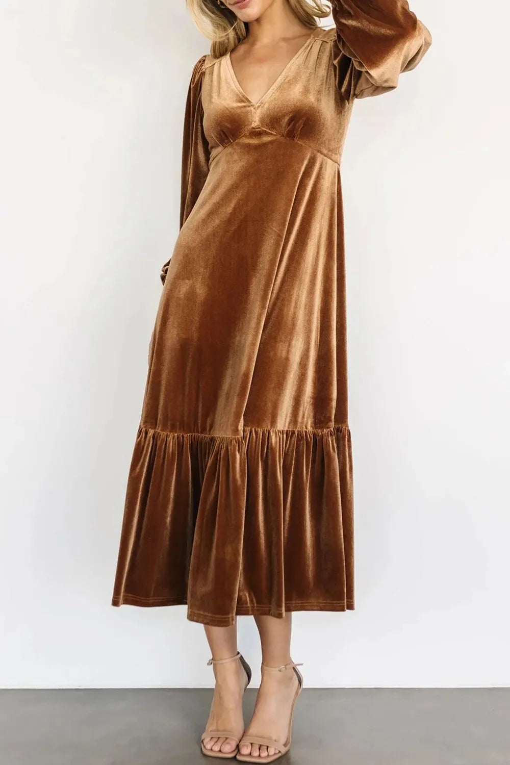 V-Neck Long Sleeve Midi Velvet Dress - LODIMAE FASHION