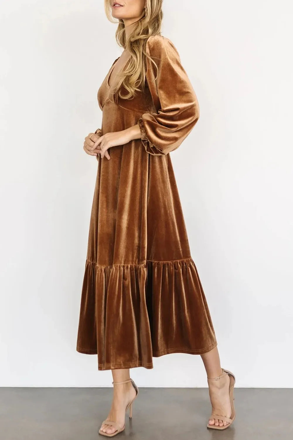 V-Neck Long Sleeve Midi Velvet Dress - LODIMAE FASHION