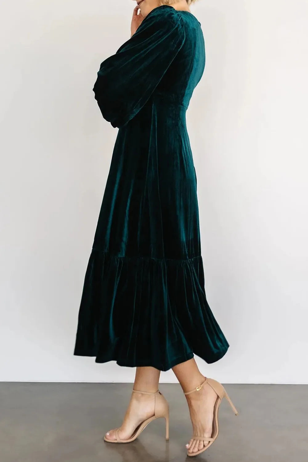 V-Neck Long Sleeve Midi Velvet Dress - LODIMAE FASHION
