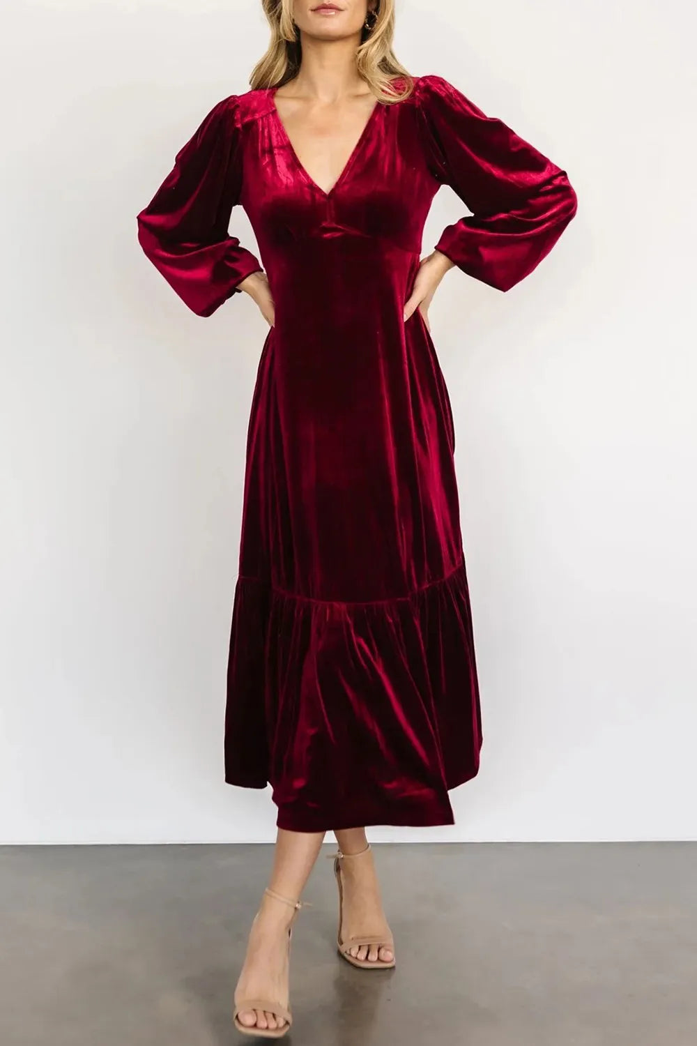 V-Neck Long Sleeve Midi Velvet Dress - LODIMAE FASHION