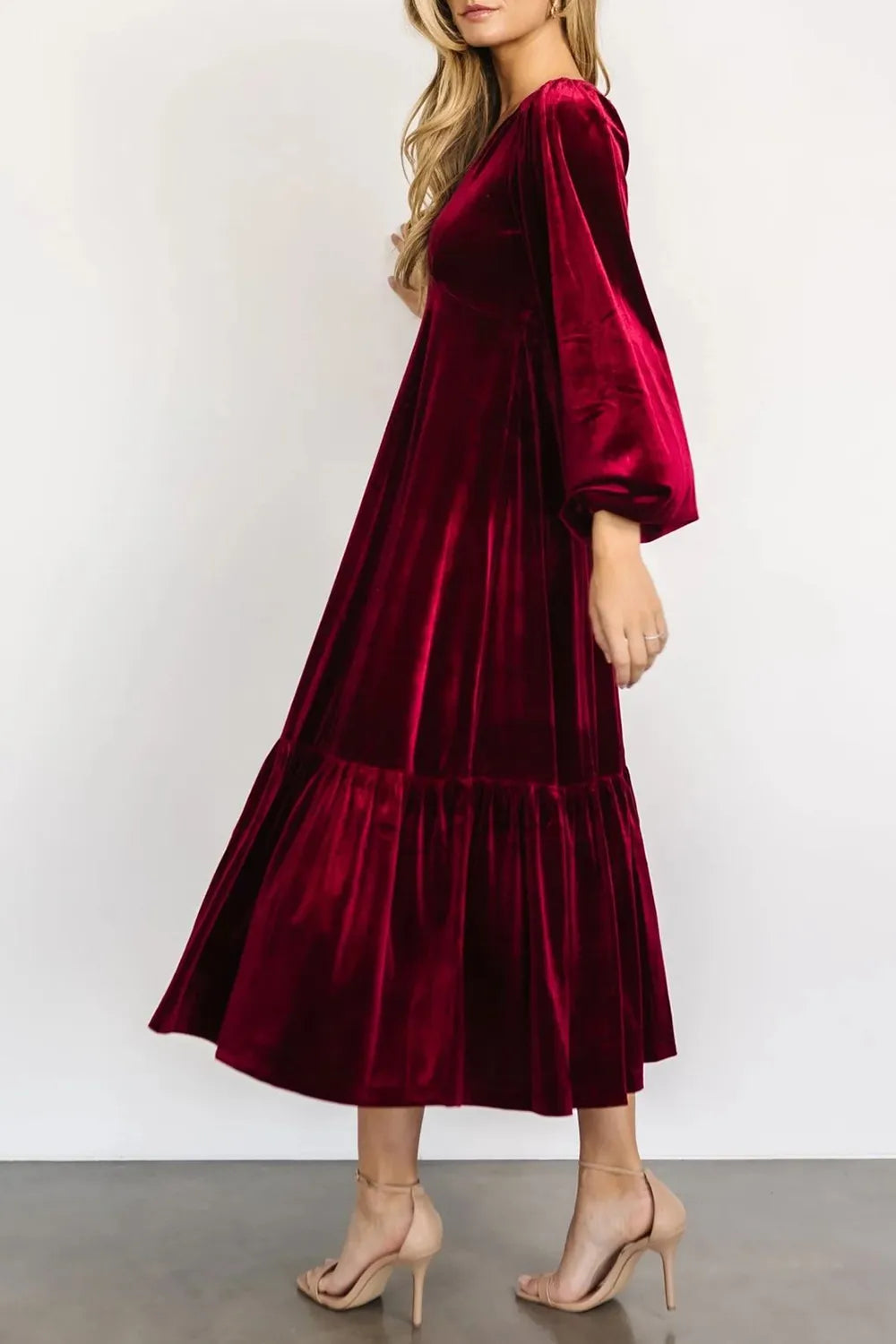 V-Neck Long Sleeve Midi Velvet Dress - LODIMAE FASHION