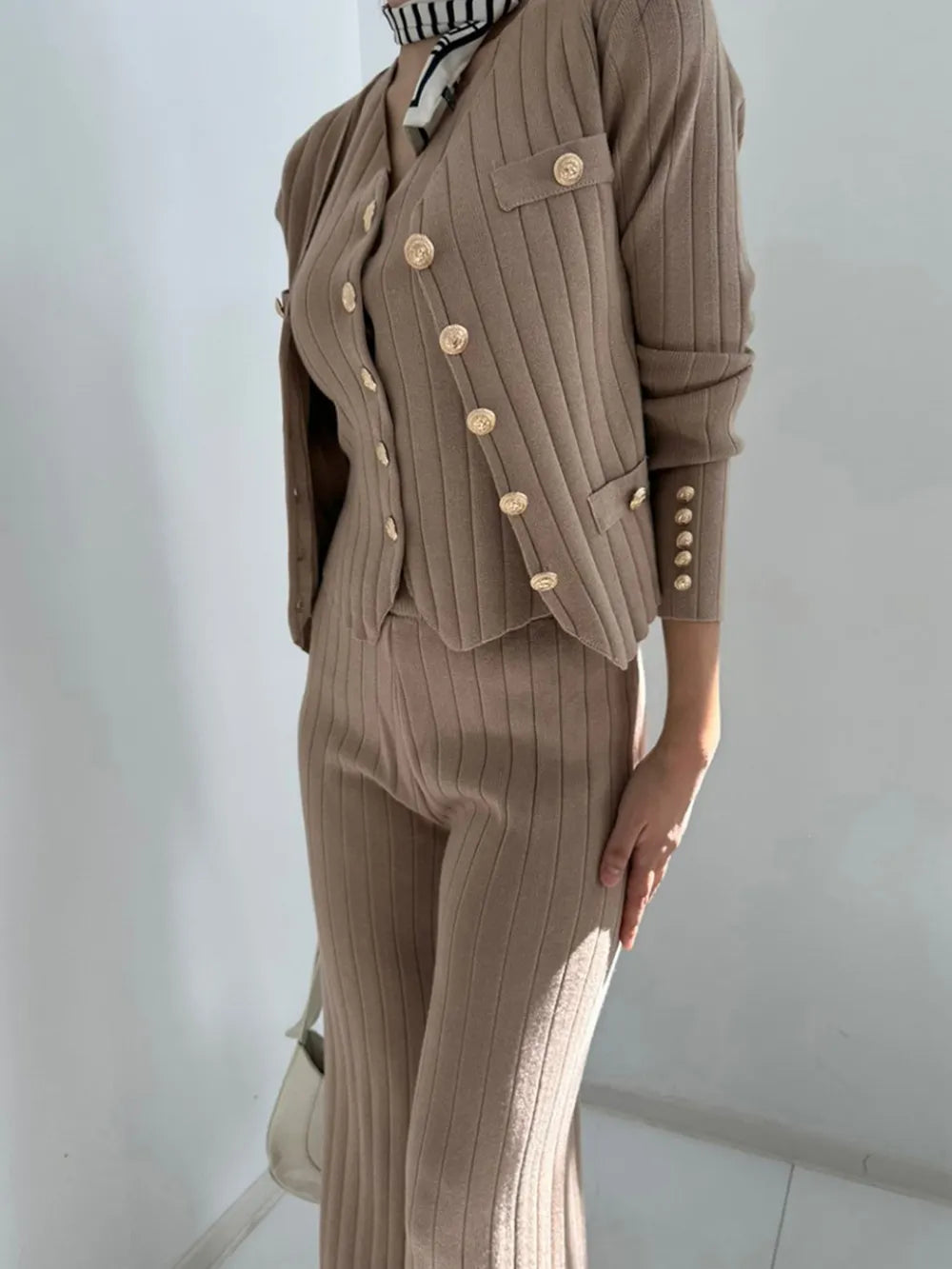 V-Neck Tank, Cardigan and Pants Three-Piece Sweater Set - LODIMAE FASHION