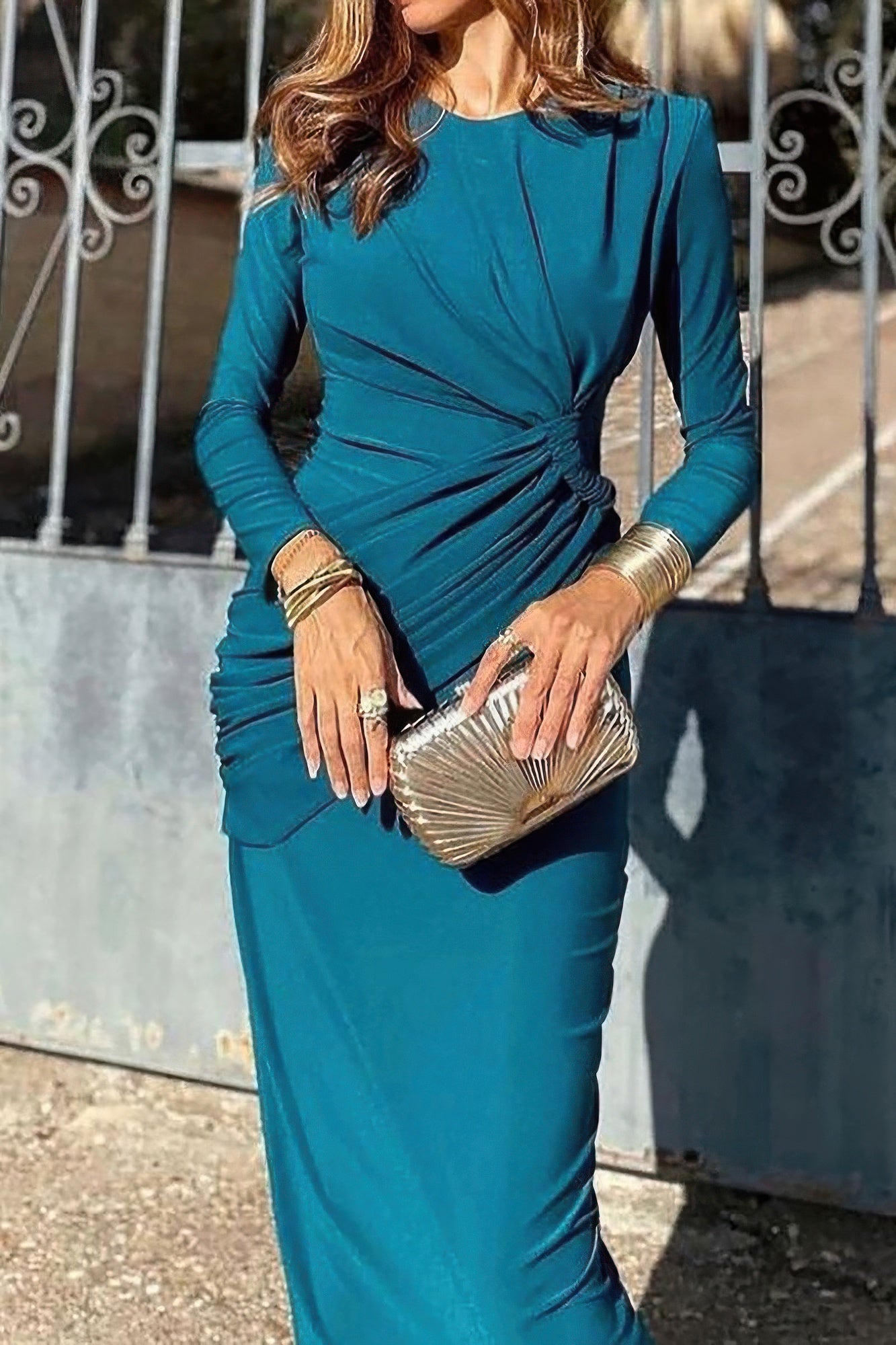 Elegant Round Neck Solid Ruched Wrap Hem Dress - LODIMAE FASHION