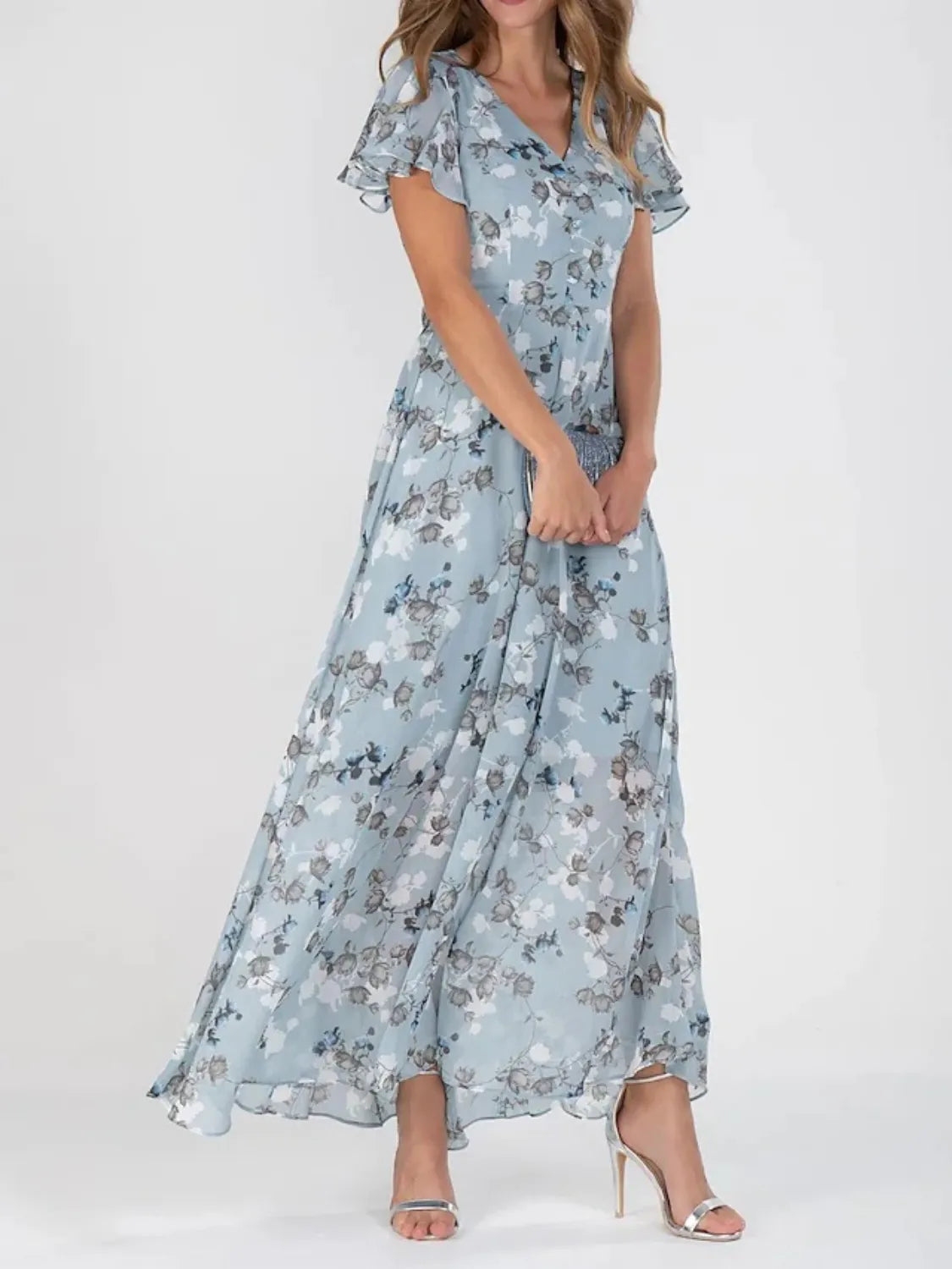 Women’s Floral V-Neck Flutter Sleeve Maxi Dress – Elegant Summer Long Dress - Grace Beauty H&C