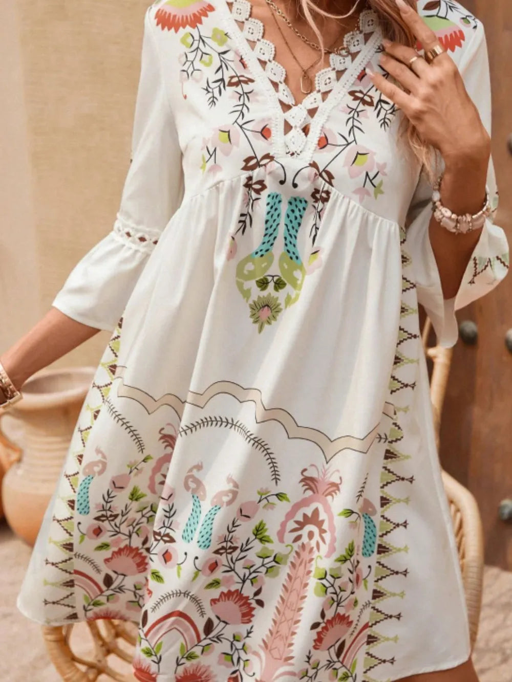 Women's Lace Detail Printed Dress – 3/4 Sleeve Casual Midi - LODIMAE FASHION