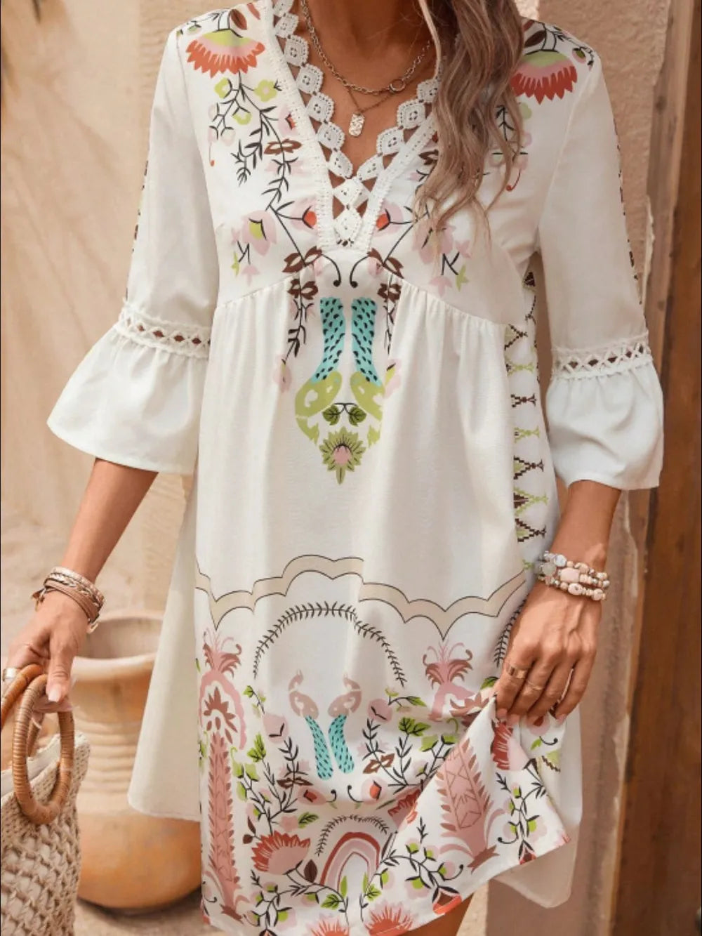 Women's Lace Detail Printed Dress – 3/4 Sleeve Casual Midi - LODIMAE FASHION
