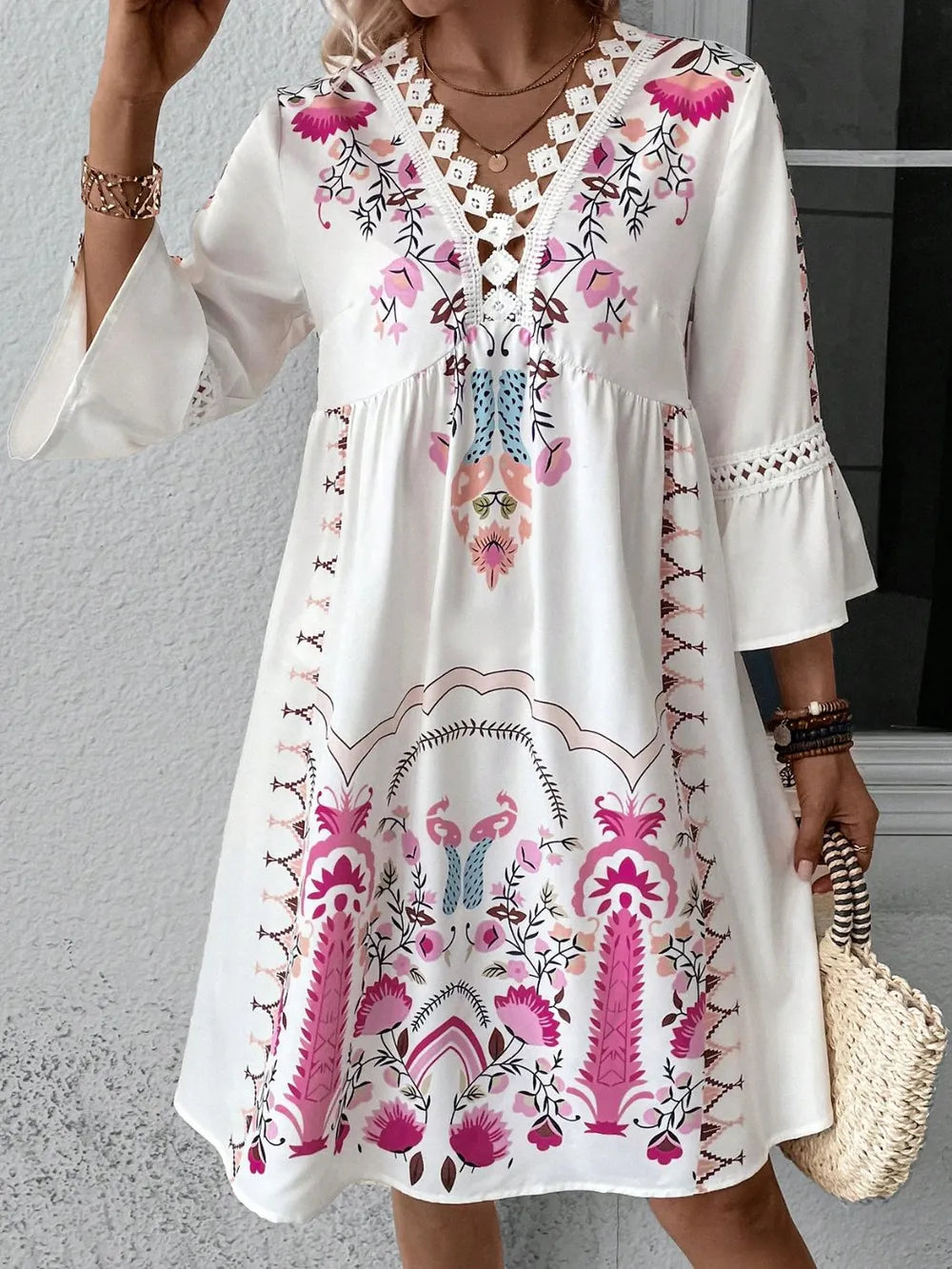 Women's Lace Detail Printed Dress – 3/4 Sleeve Casual Midi - LODIMAE FASHION