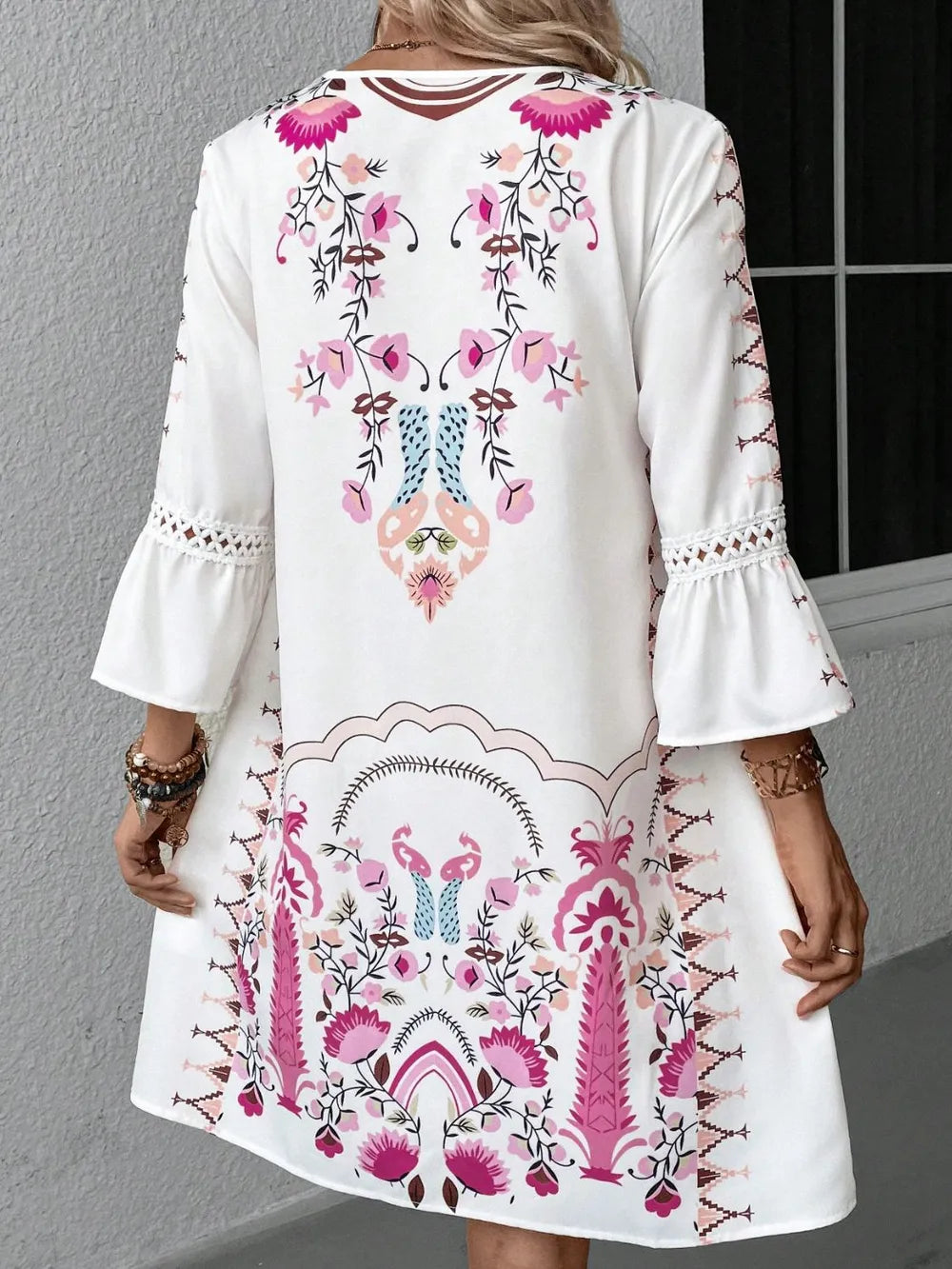 Women's Lace Detail Printed Dress – 3/4 Sleeve Casual Midi - LODIMAE FASHION