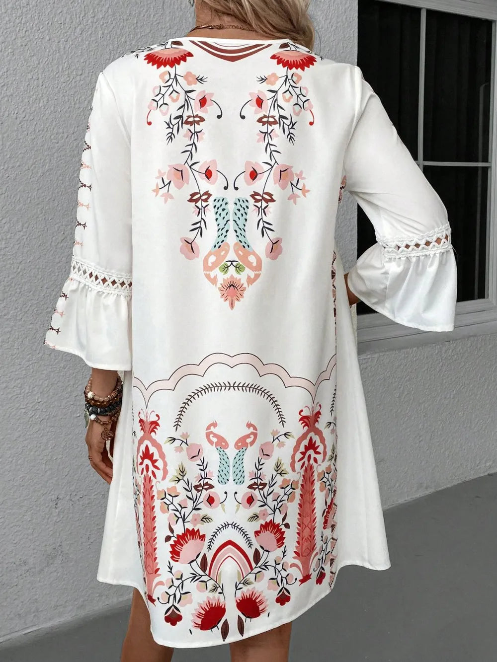 Women's Lace Detail Printed Dress – 3/4 Sleeve Casual Midi - LODIMAE FASHION