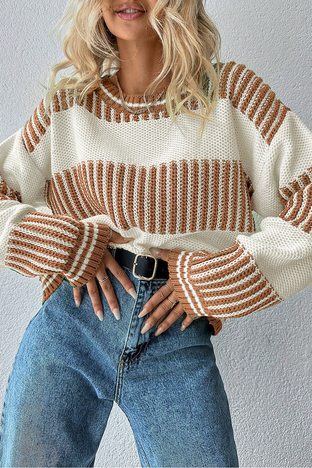 Khaki Two Tone Striped Patchwork Drop Shoulder Sweater - LODIMAE FASHION