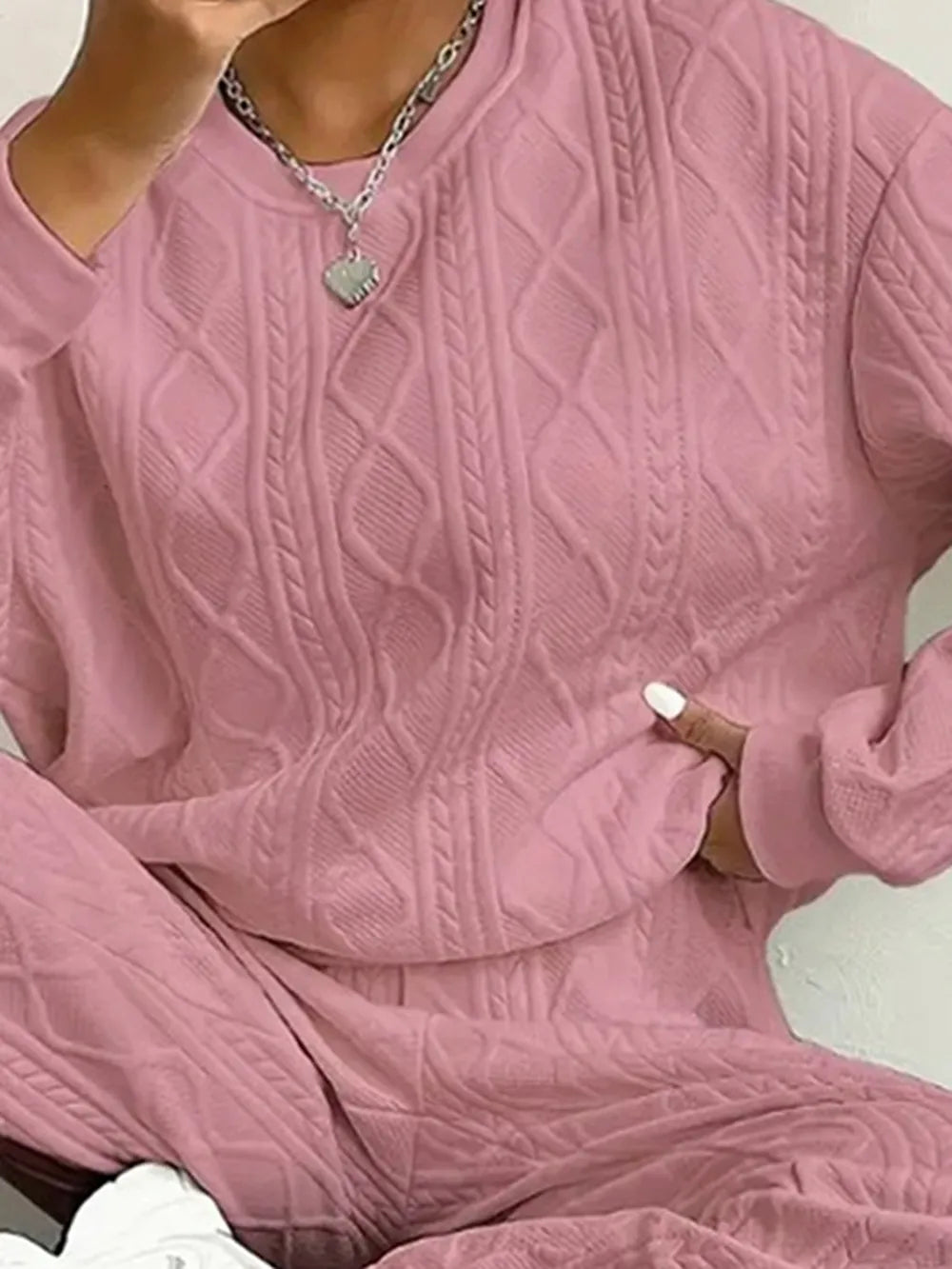 Texture Round Neck Top and Pants Set - LODIMAE FASHION