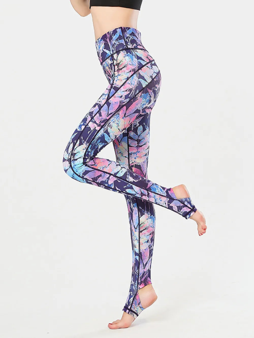 Printed Wide Waistband Active Leggings with Stirrups - LODIMAE FASHION