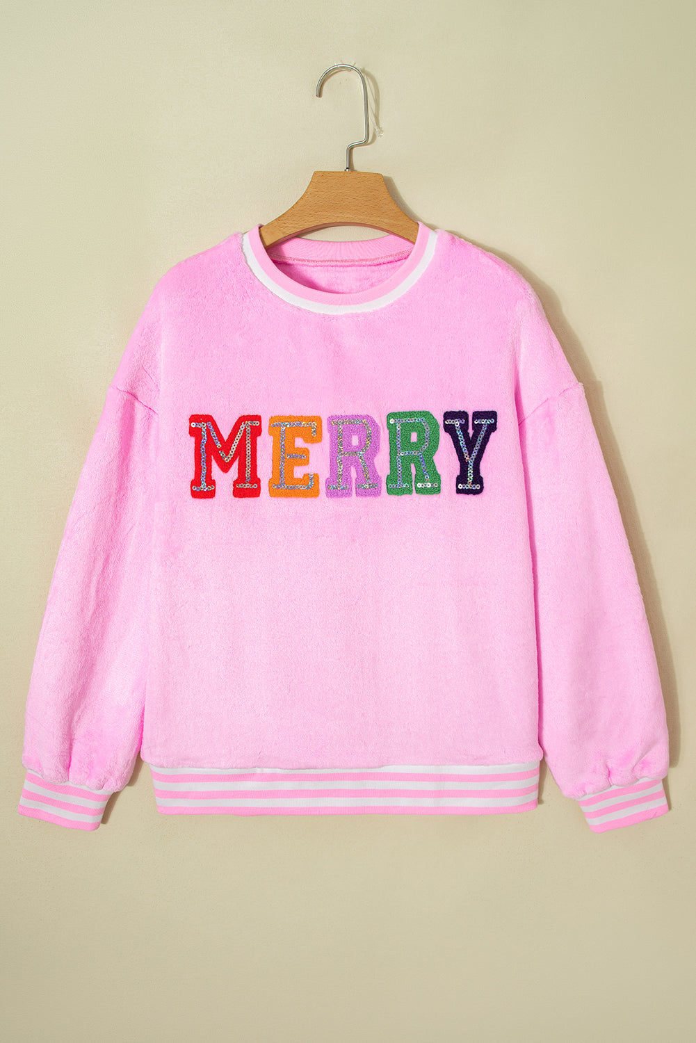 Sachet Pink Merry Letter Pattern Plush Pullover - LODIMAE FASHION