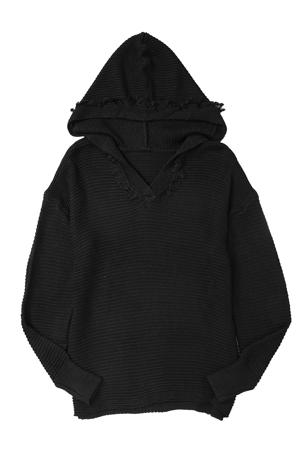 Black Split V Neck Pullover Knit Hooded Sweater - LODIMAE FASHION