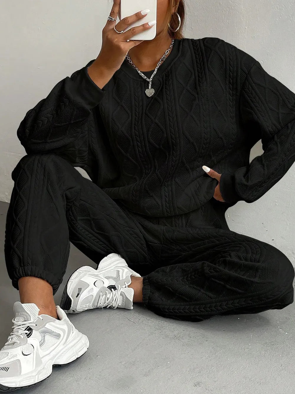 Texture Round Neck Top and Pants Set - LODIMAE FASHION