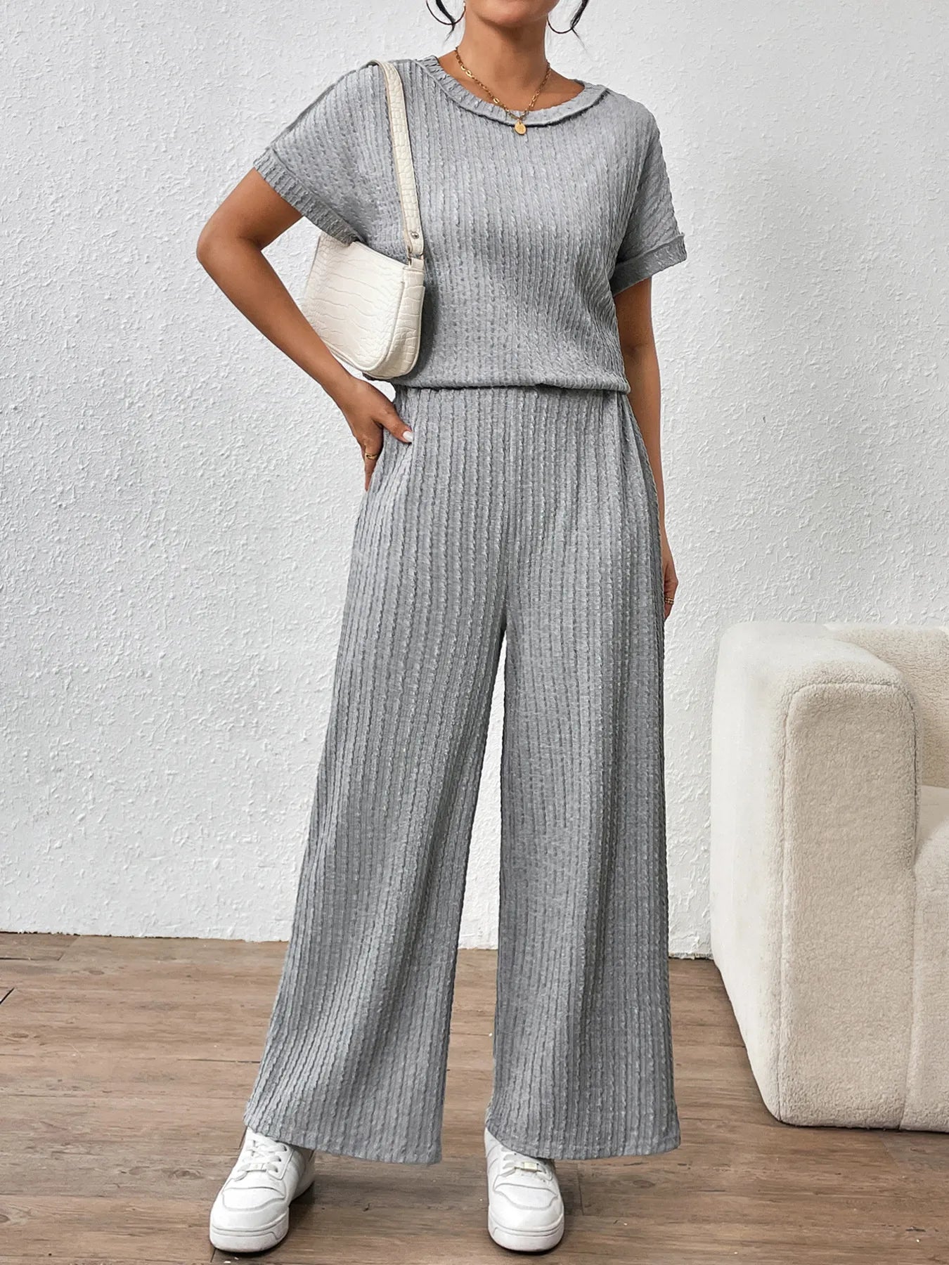 Round Neck Short Sleeve Top and Pants Set - LODIMAE FASHION