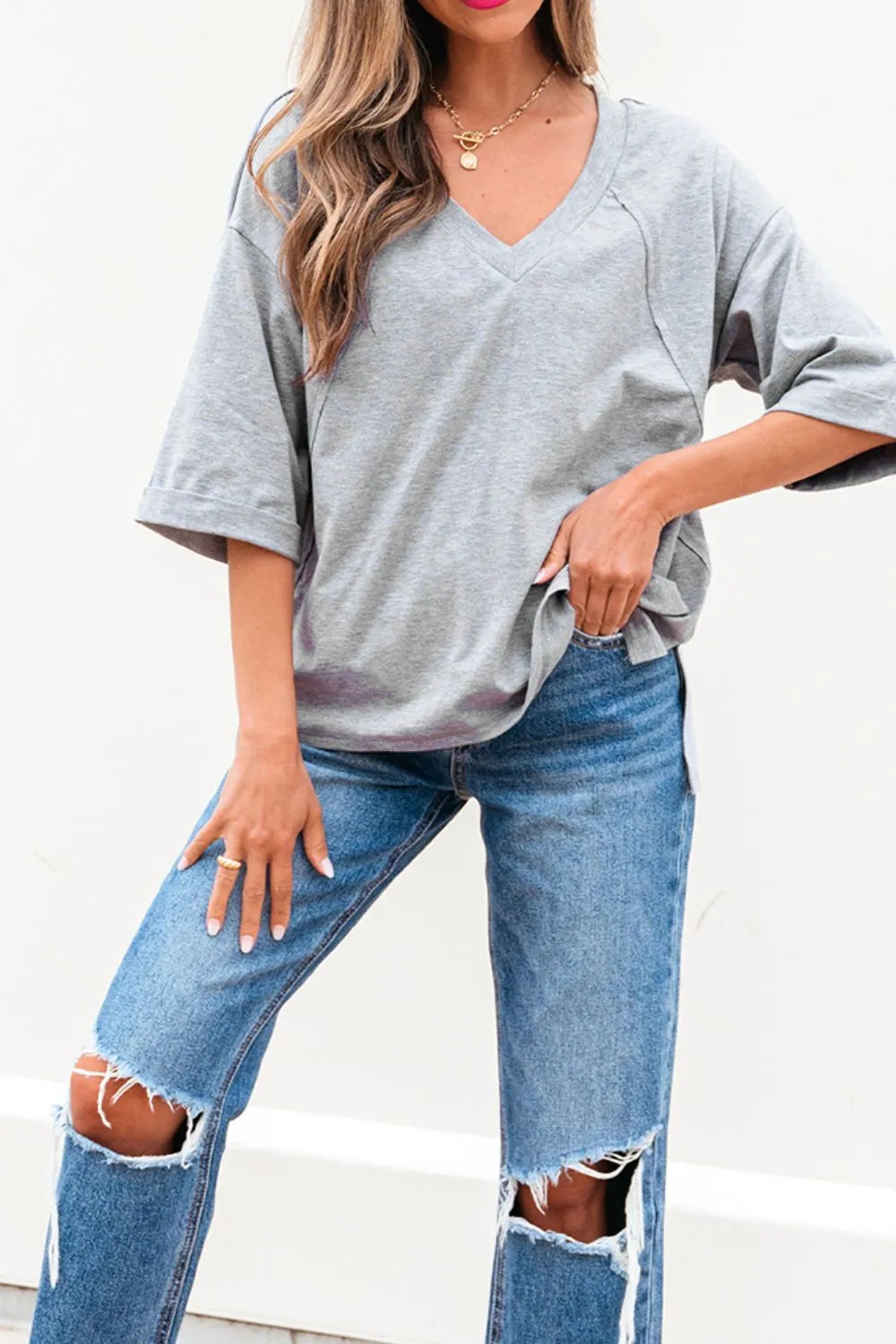 High Raglan Half Sleeve V Neck Oversized T Shirt - LODIMAE FASHION