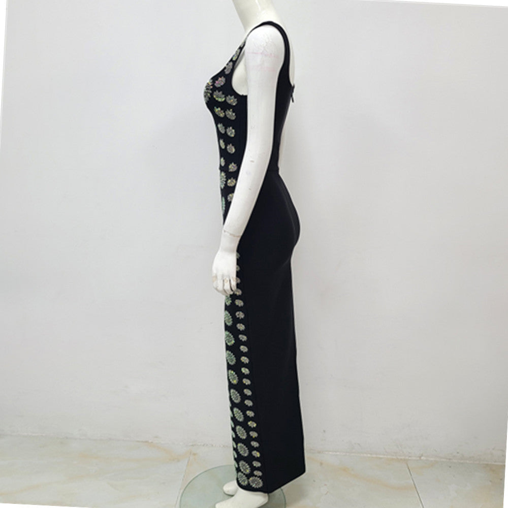Black Sleeveless U-neck Rhinestone Elegant Slim Bandage DressEvening Dress - LODIMAE FASHION