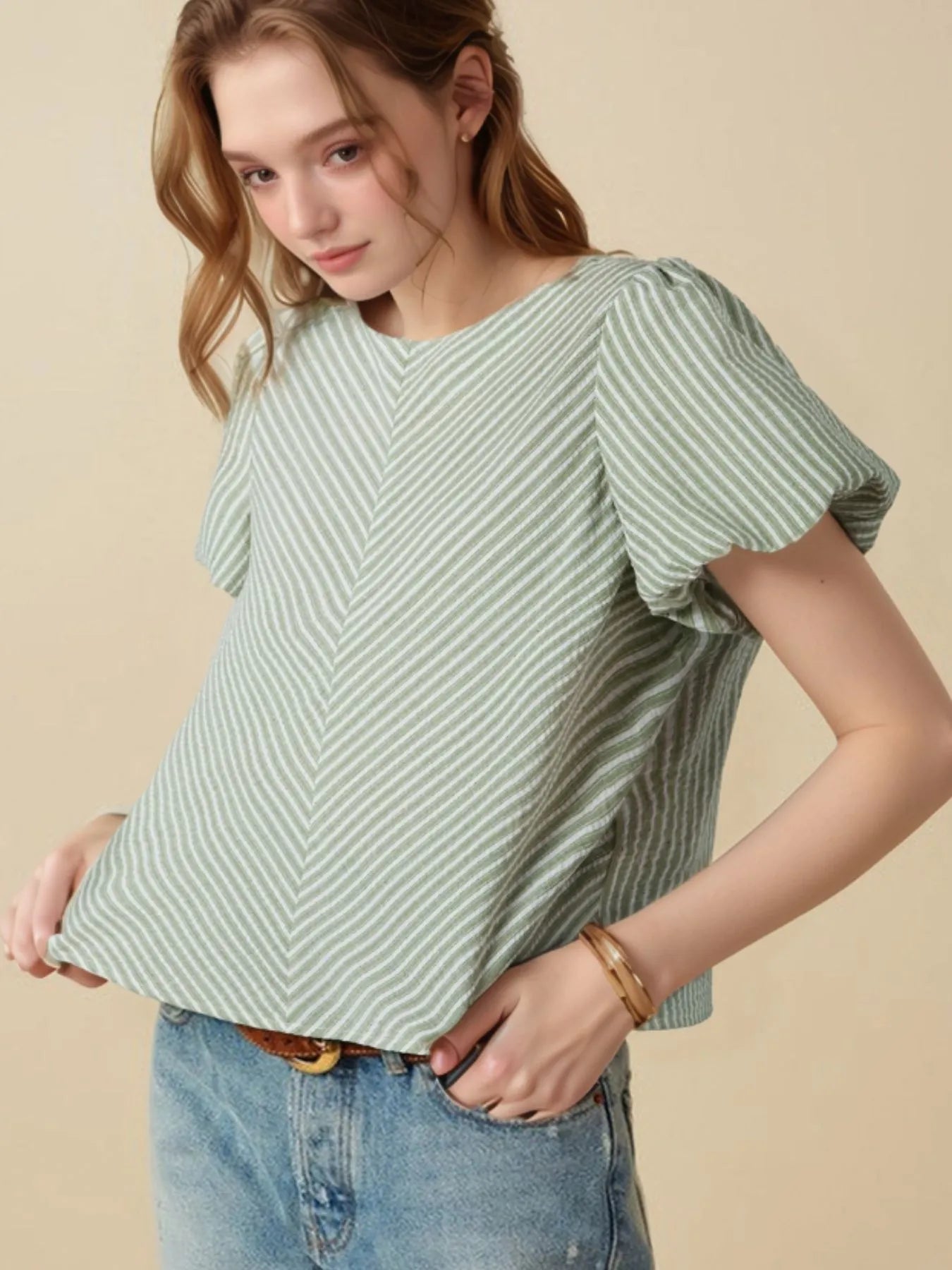 Stripe Textured Round Neck Short Puff Sleeve Blouse - LODIMAE FASHION