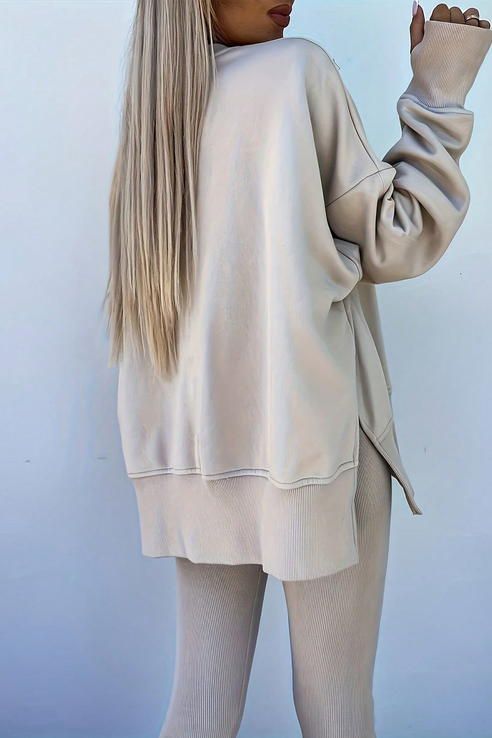 Jet Stream Solid Color Oversize Slit Sweatshirt Ribbed Leggings Set - LODIMAE FASHION