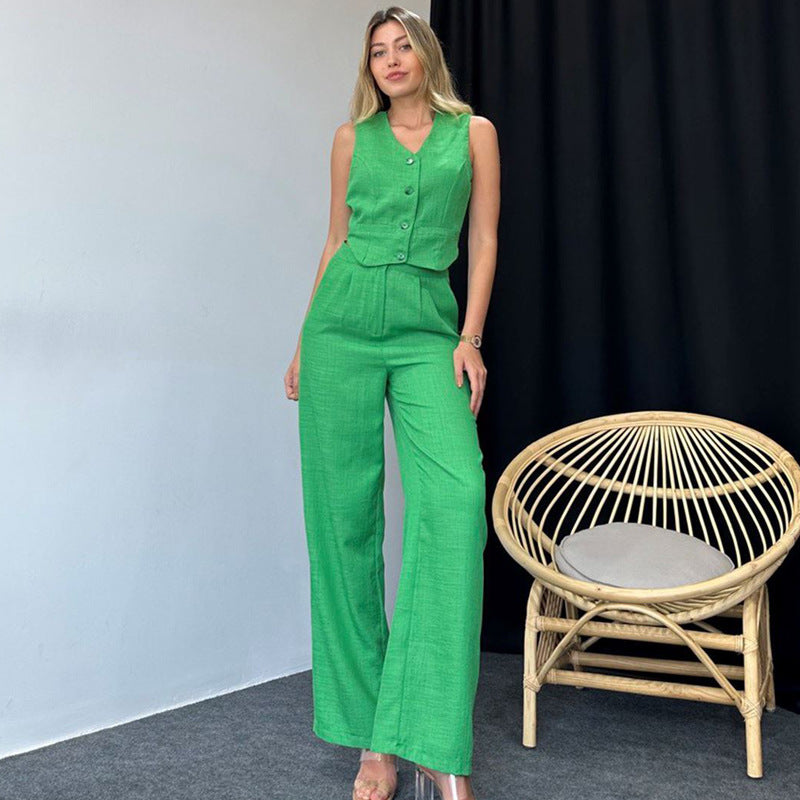 Women's fashion casual sleeveless slim solid color vest pants high-grade women's two-piece summer set - LODIMAE FASHION