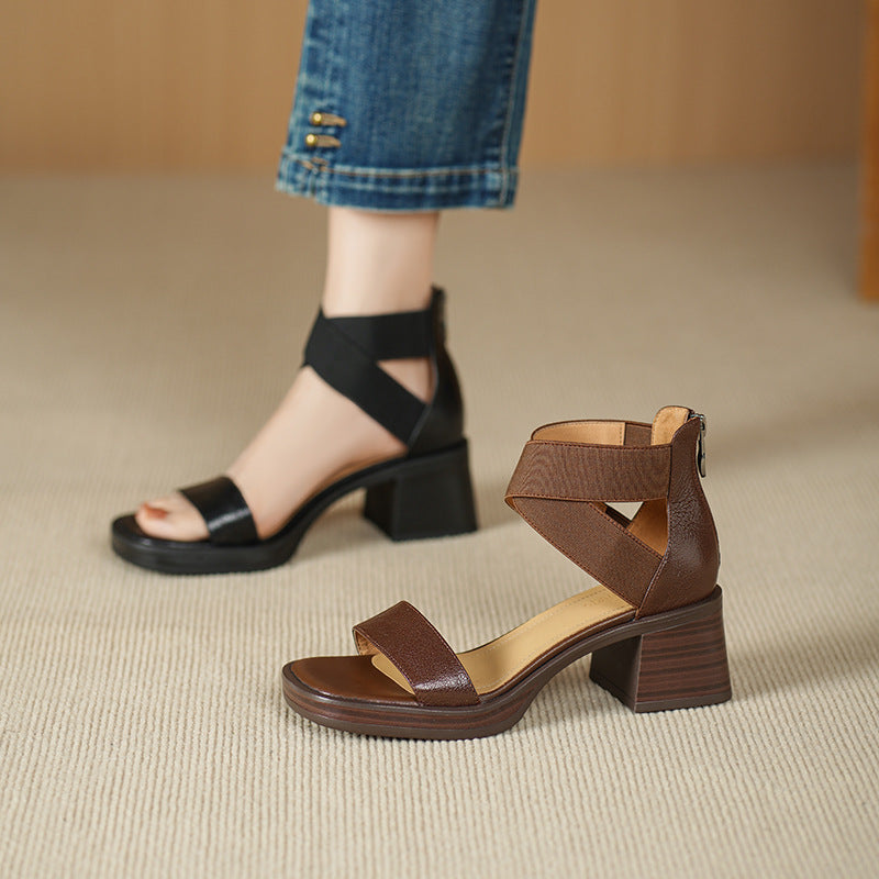 Leather thick-heeled one-strap sandals, high-heeled anti-platform thick-soled sandals, women's shoes, retro style soft soles - LODIMAE FASHION