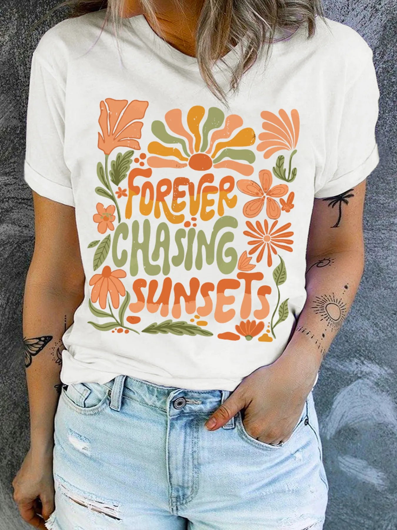 FOREVER CHASING SUNSETS Round Neck T Shirt - LODIMAE FASHION