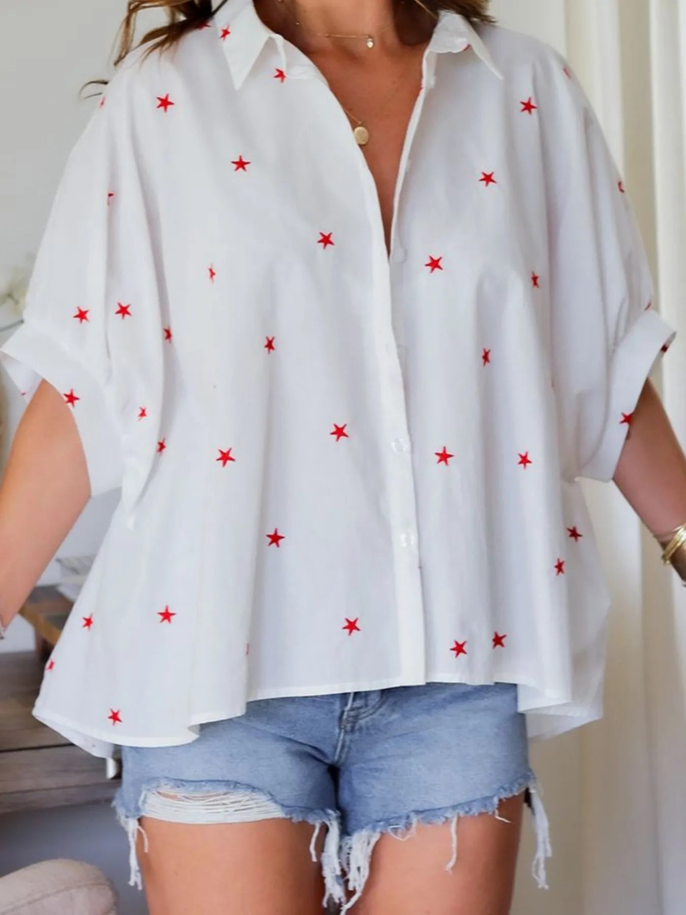 Star Print Puff Sleeve Button-Up Shirt - LODIMAE FASHION