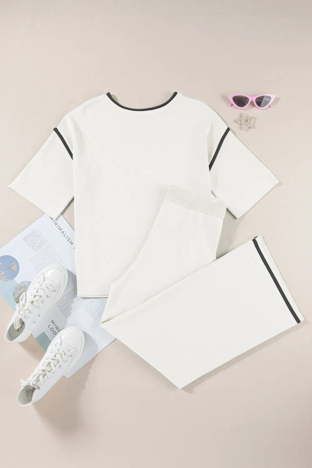 Contrast Trim Round Neck Top and Pants Set - LODIMAE FASHION