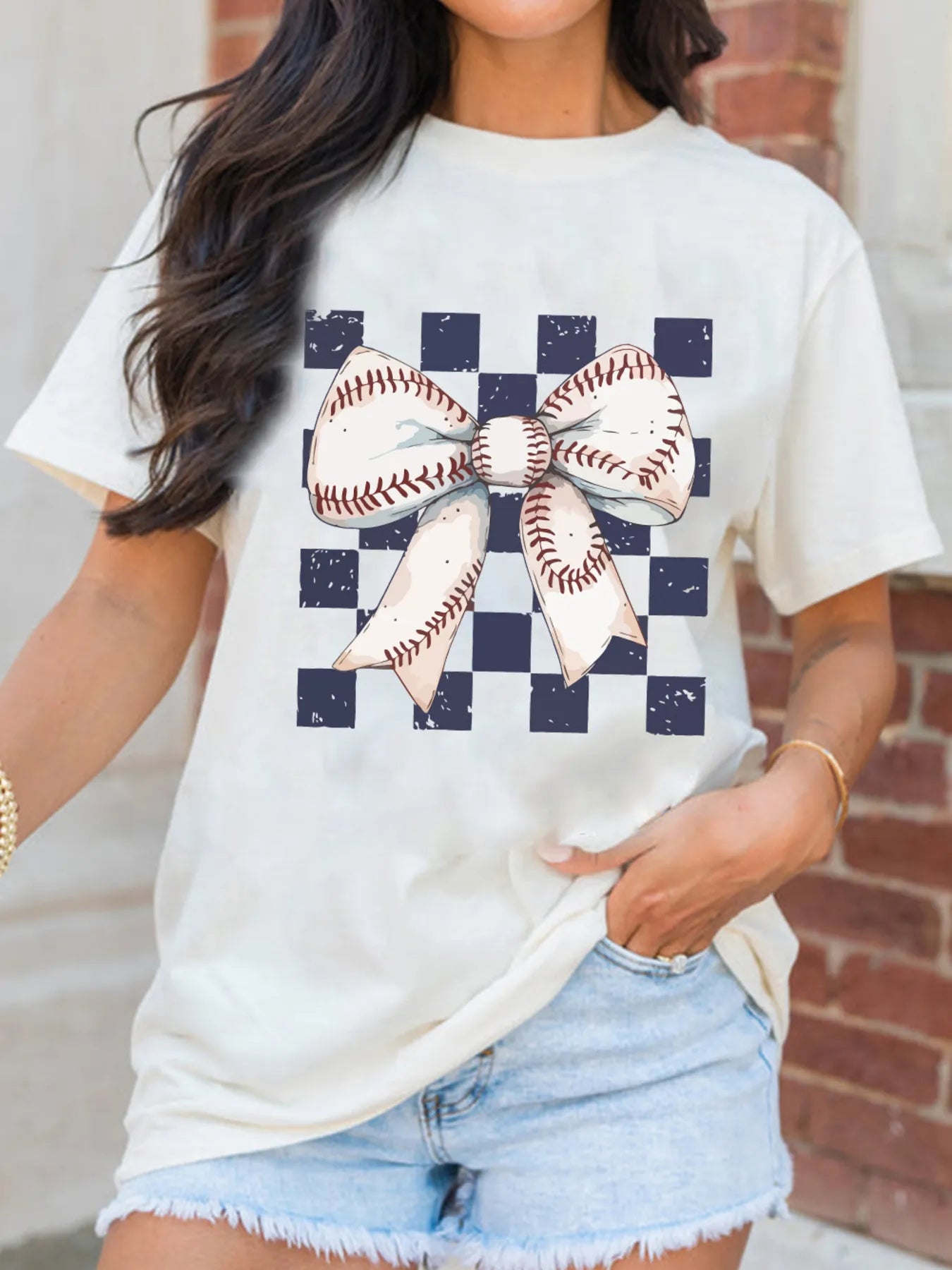 Checkered Bowknot Graphic Crew Neck T Shirt - LODIMAE FASHION