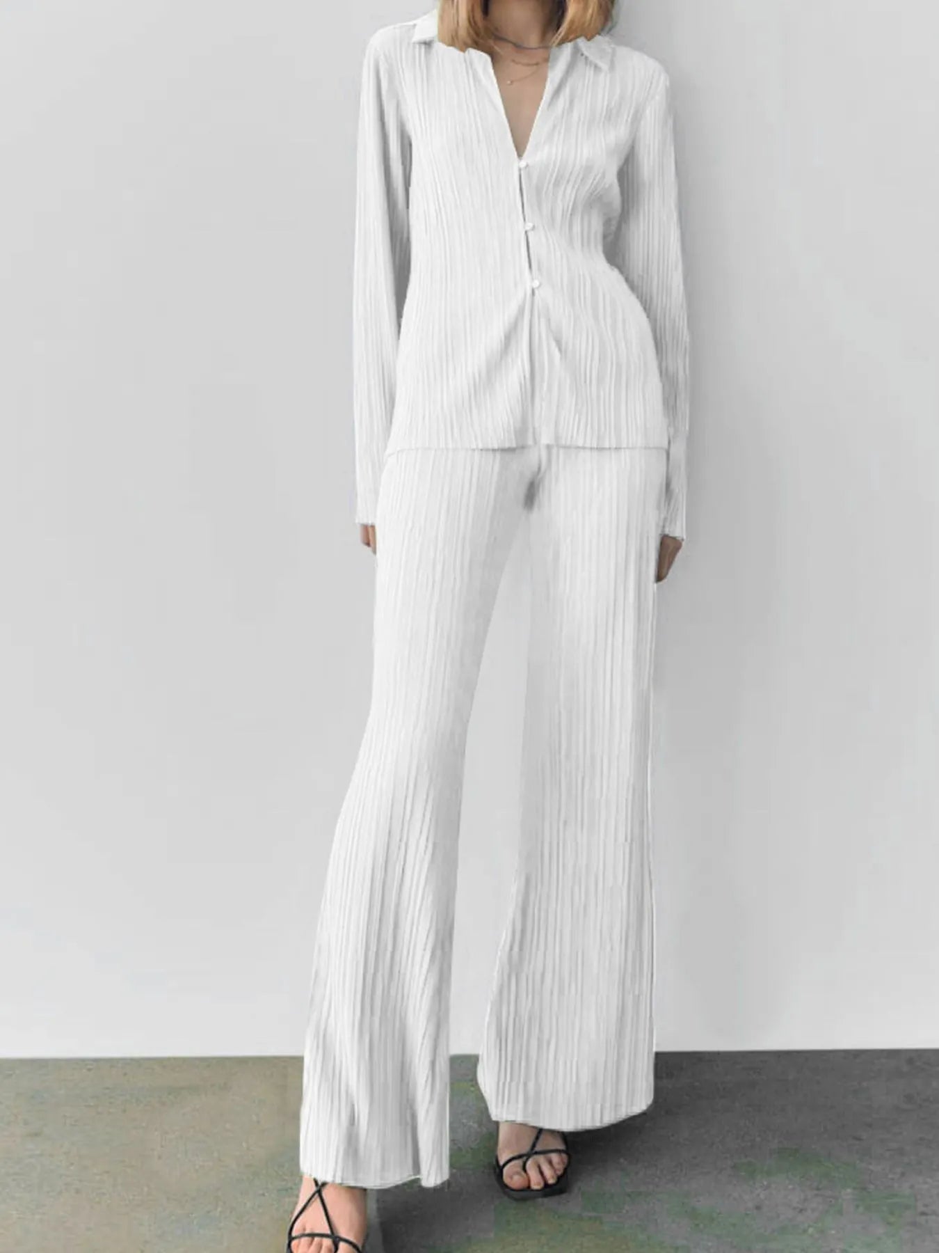 Texture Long Sleeve Top and Pants Lounge Set - LODIMAE FASHION