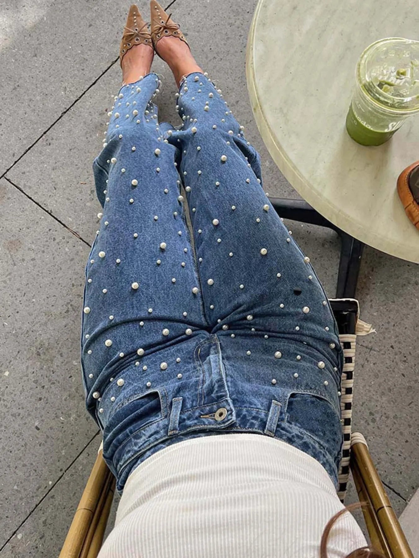 Pearl Embellished High Waist Straight Leg Jeans - LODIMAE FASHION
