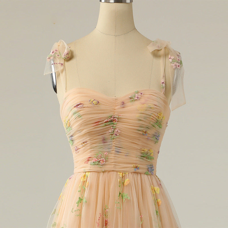 Long Niche Strap Embroidered Heavy Work Floral Dress - LODIMAE FASHION