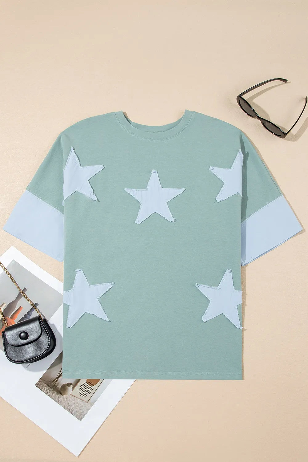 Frayed Denim Star Patched Oversize T Shirt - LODIMAE FASHION 