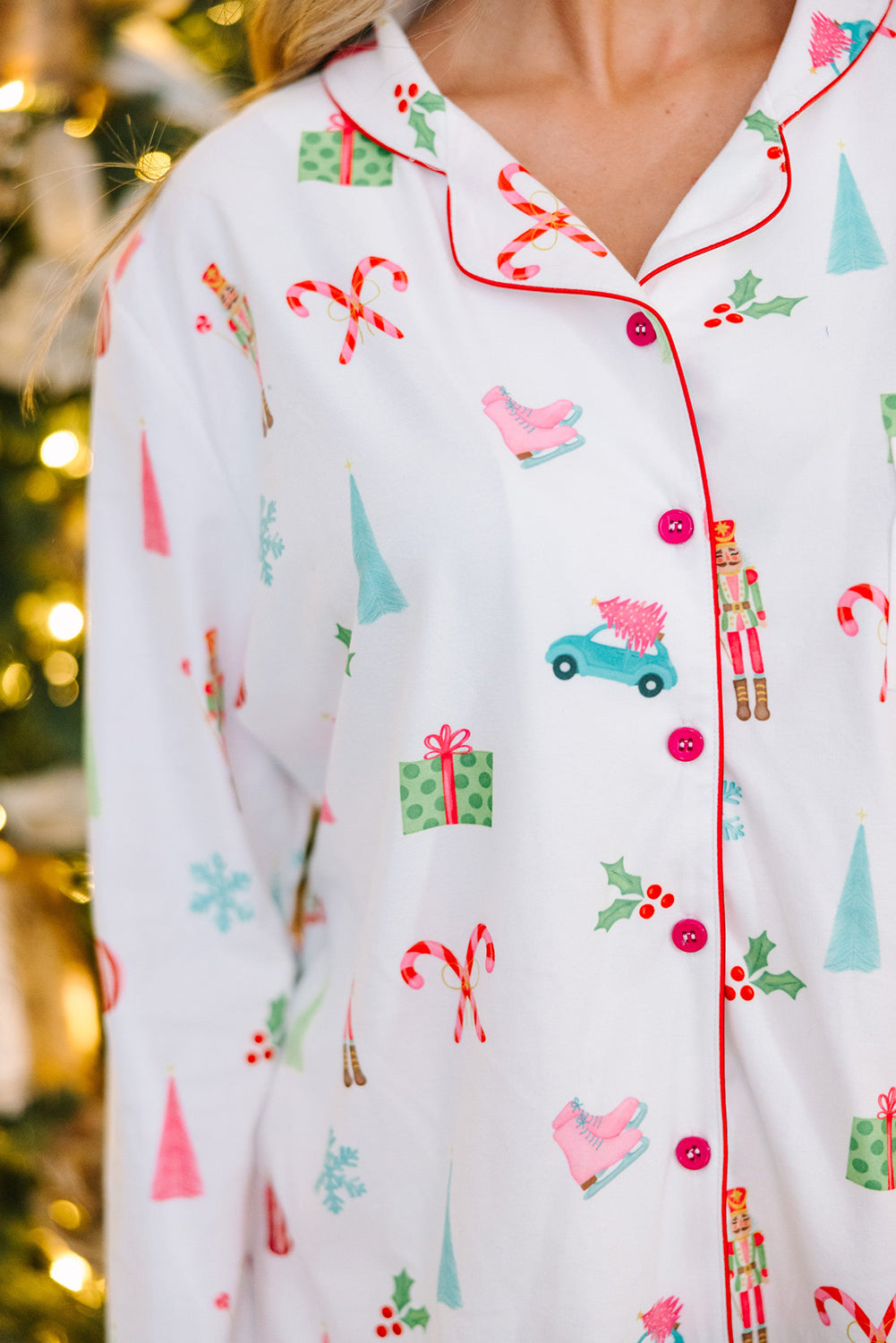 White Christmas Print Lapel Shirt and Pants Pajama Set - LODIMAE FASHION 