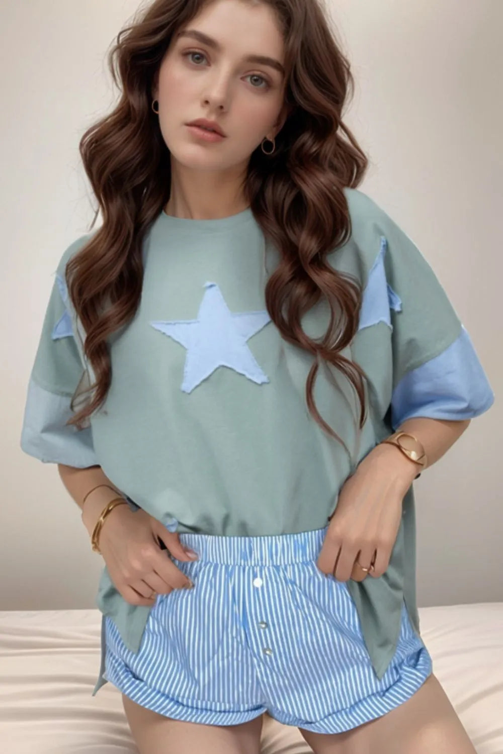 Frayed Denim Star Patched Oversize T Shirt - LODIMAE FASHION 