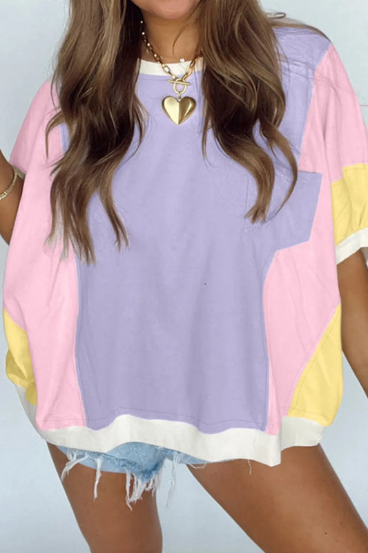Color Block Patchwork Half Sleeve Oversized T Shirt - LODIMAE FASHION 