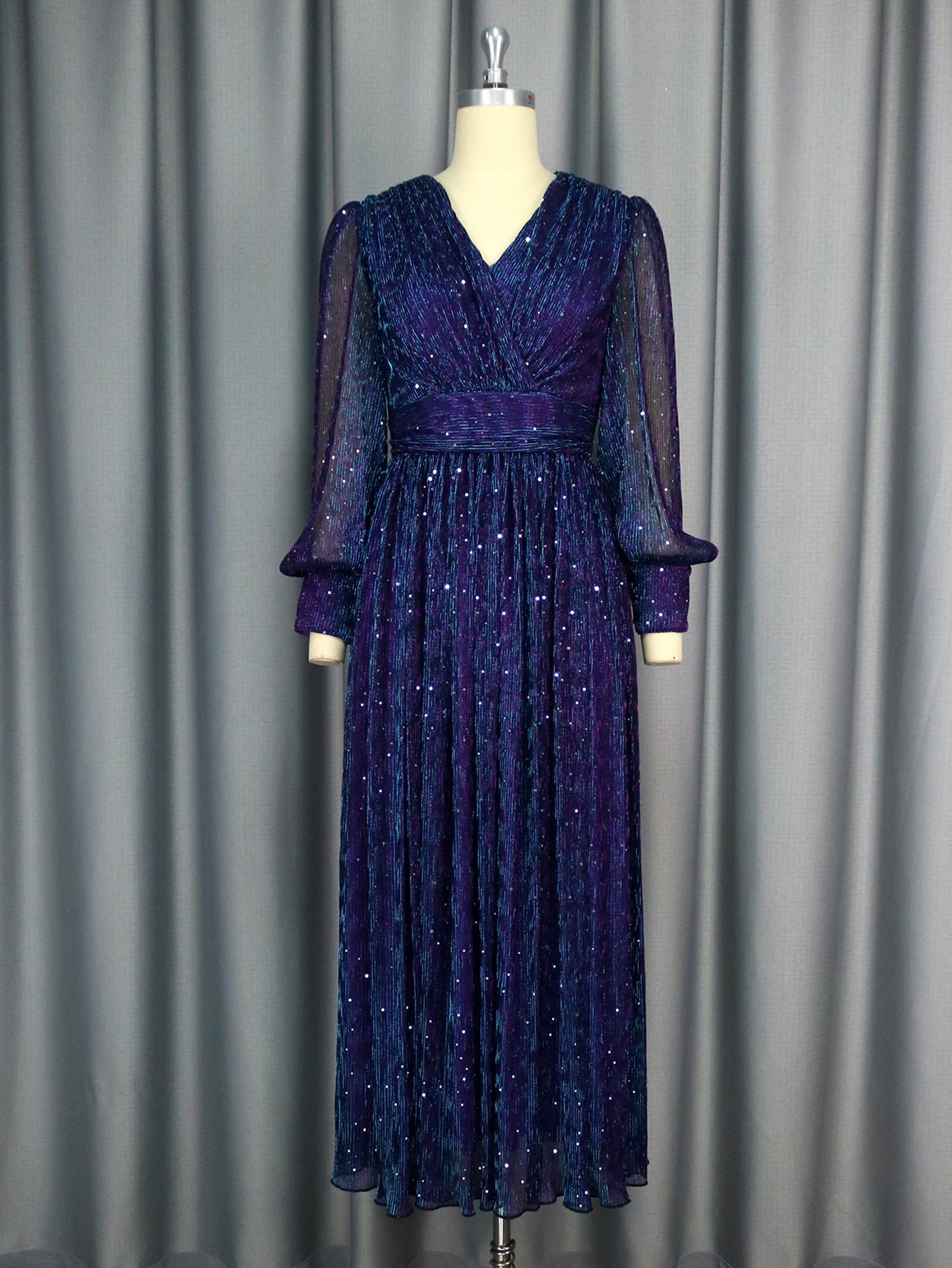Sexy V-neck Sequined Long Sleeve Dress Purple Slim Fit - LODIMAE FASHION 