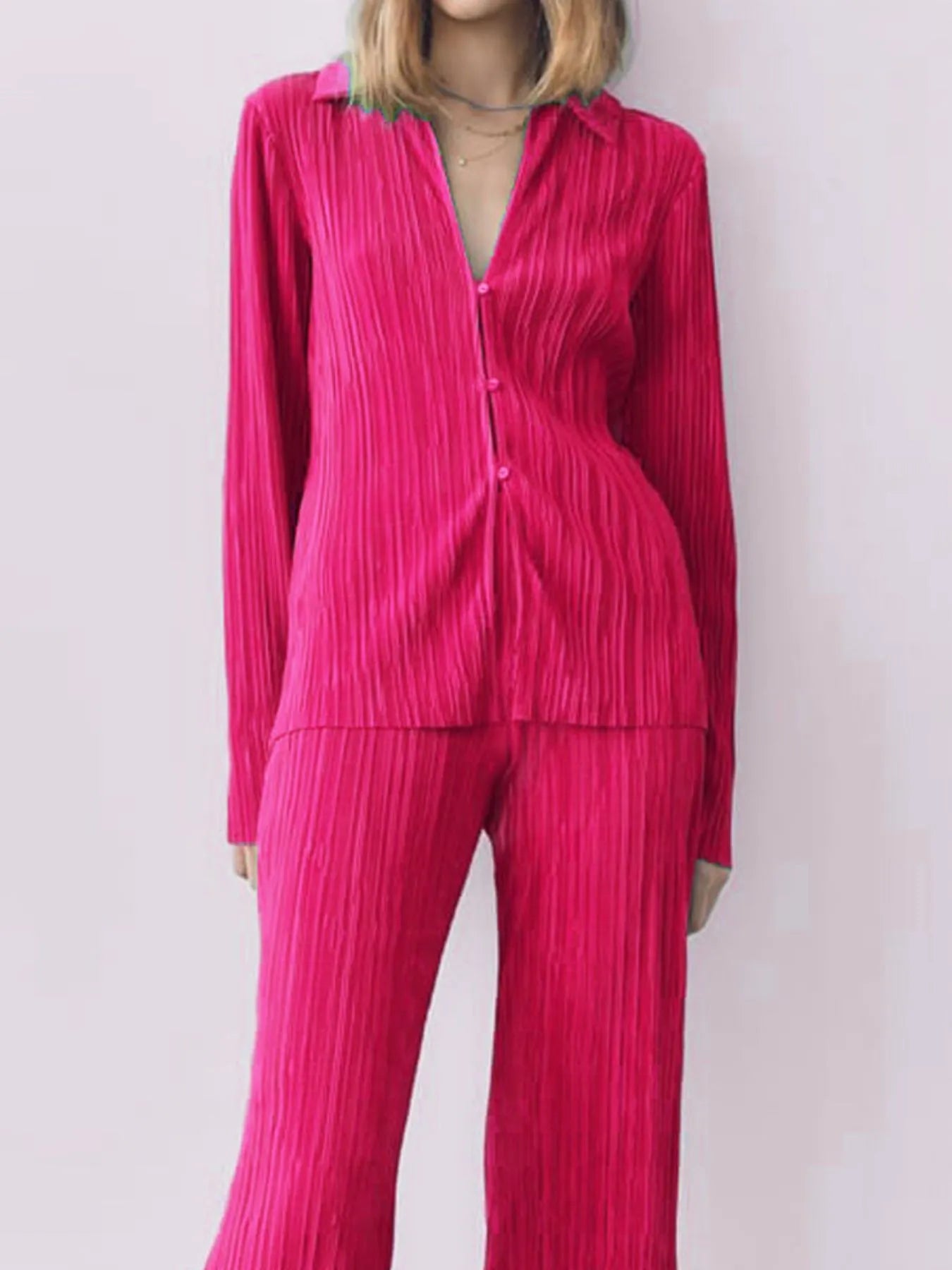 Texture Long Sleeve Top and Pants Lounge Set - LODIMAE FASHION 