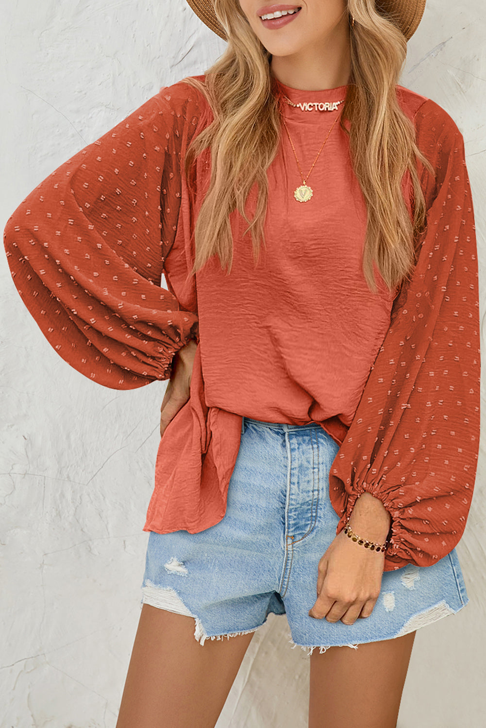 Russet Orange Swiss Dot Balloon Sleeve Patchwork Crinkle Blouse - LODIMAE FASHION 
