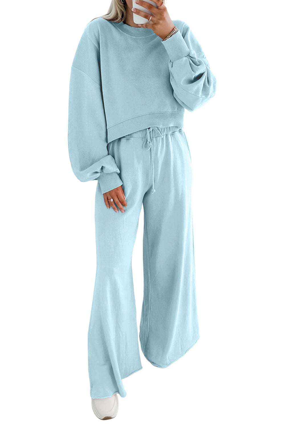 Bright Green Drop Shoulder Crop Pullover Drawstring Wide Leg Pants Set - LODIMAE FASHION 
