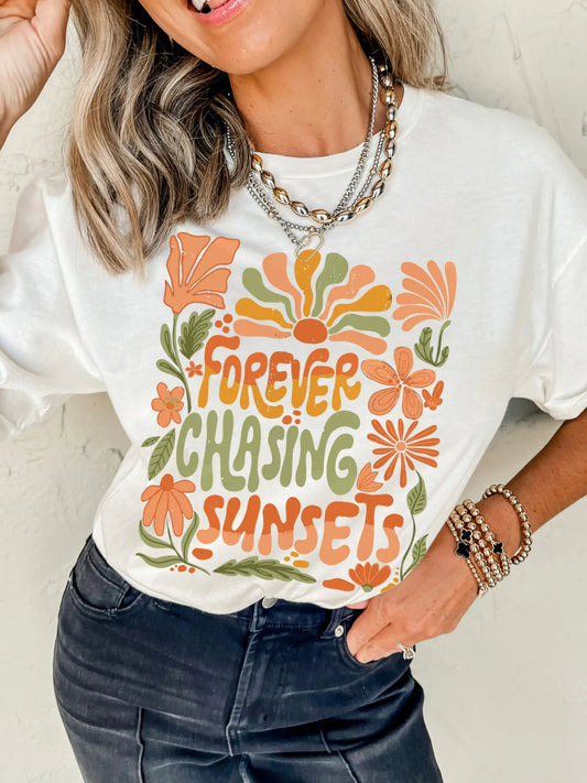 FOREVER CHASING SUNSETS Round Neck T Shirt - LODIMAE FASHION 