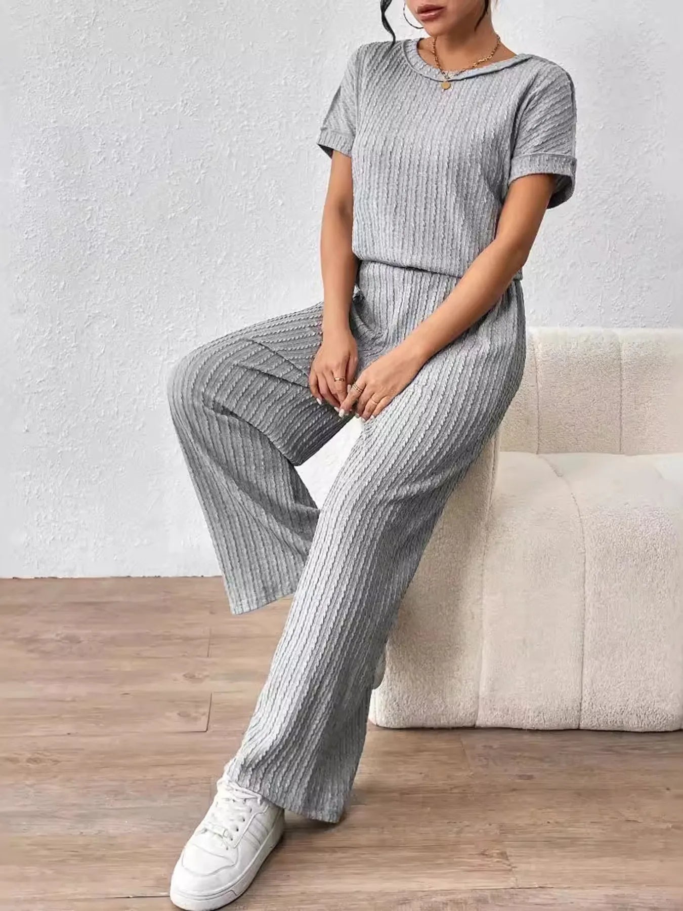 Round Neck Short Sleeve Top and Pants Set - LODIMAE FASHION 