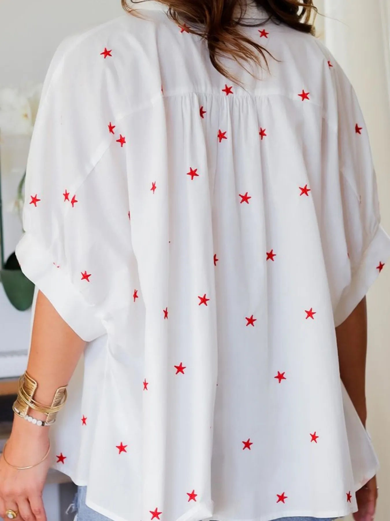 Star Print Puff Sleeve Button-Up Shirt - LODIMAE FASHION 