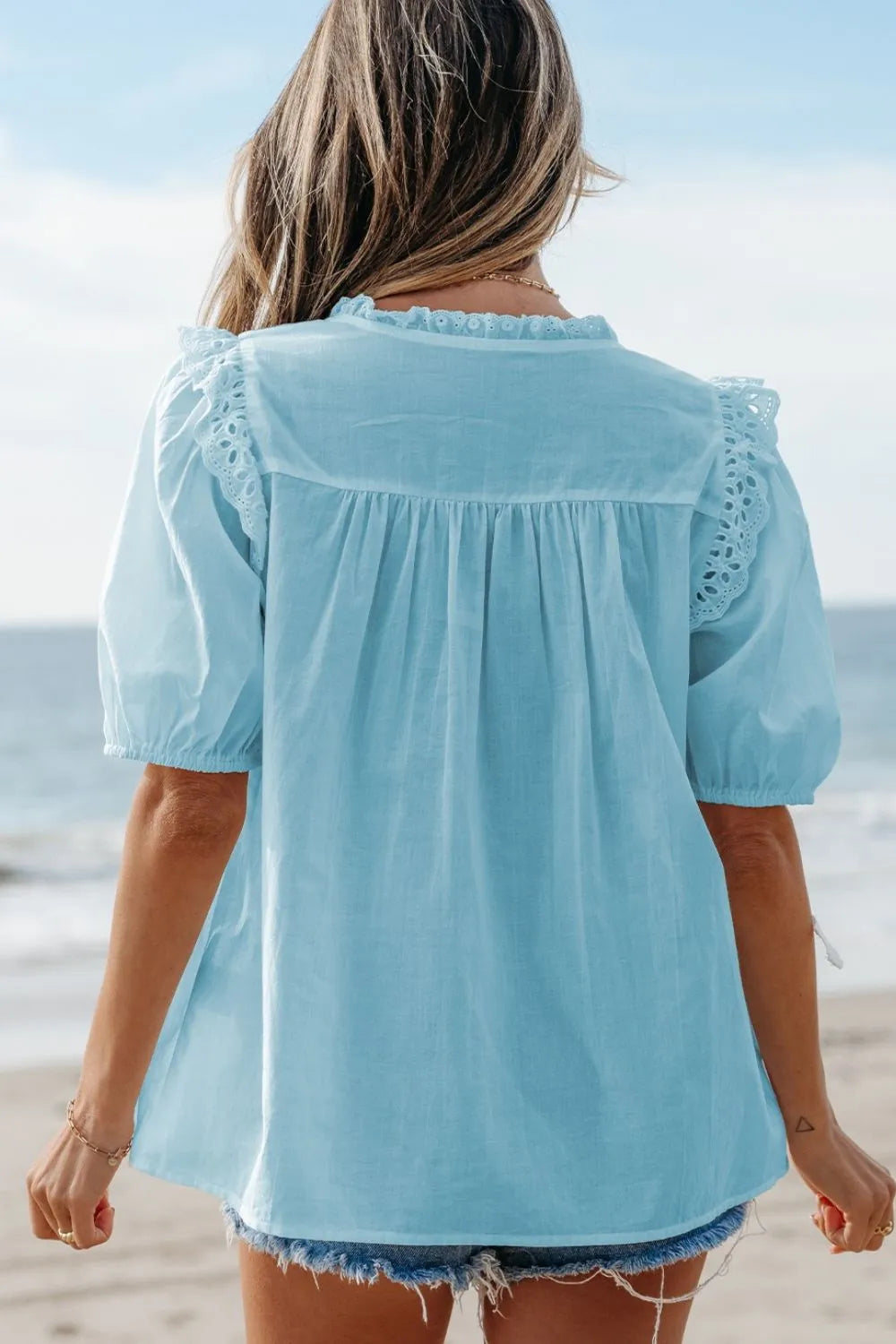 Eyelet Lace Trim Puff Sleeve Blouse - LODIMAE FASHION 