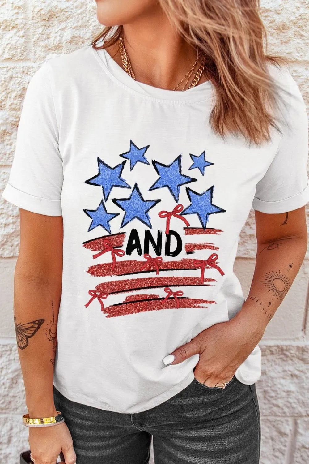 Stars and Stripes Bow Graphic T Shirt - LODIMAE FASHION 