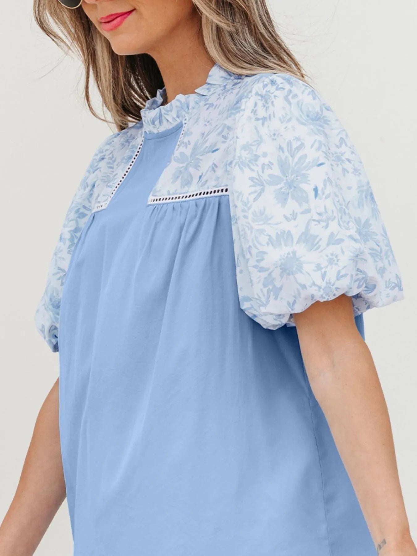 Lace Insert Floral Puff Sleeve Patchwork Loose Blouse - LODIMAE FASHION 